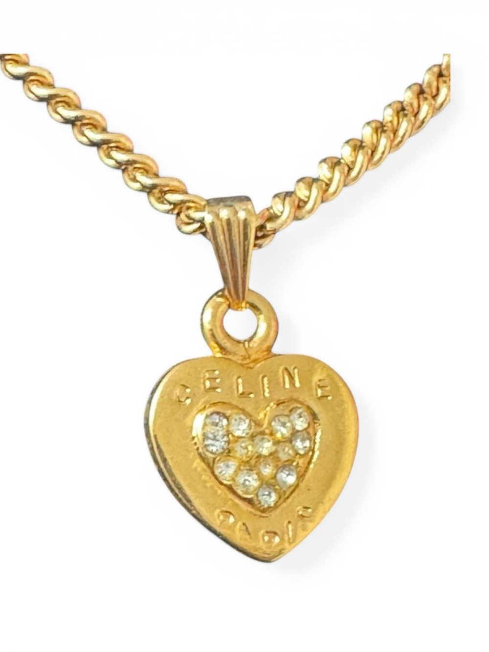 CELINE Logo Rhinestone Heart Gold Tone Pendant Necklace